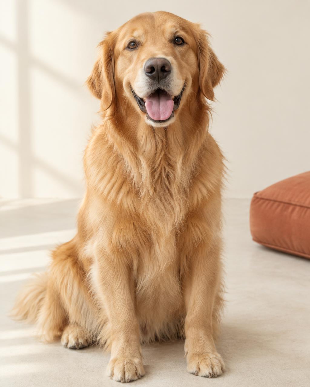 A happy golden retriever in warm natural sunlight