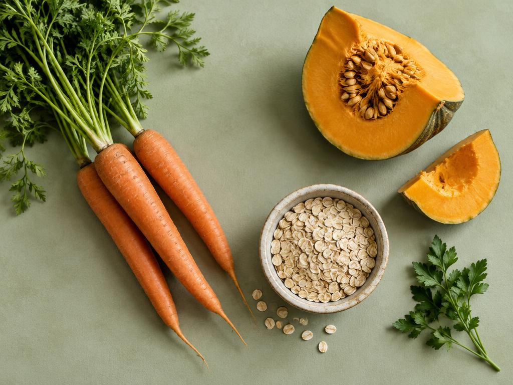 Fresh carrots, pumpkin, and rolled oats on a sage green surface