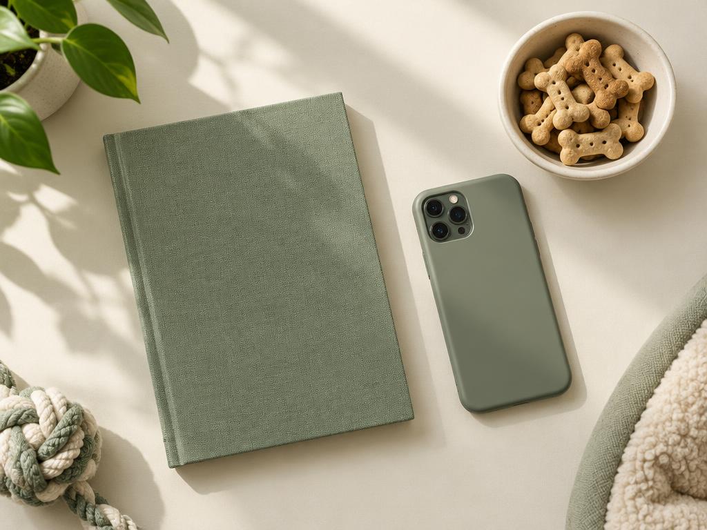 A sage notebook, a face-down phone, and a bowl of biscuits; editorial still life, not an app screenshot