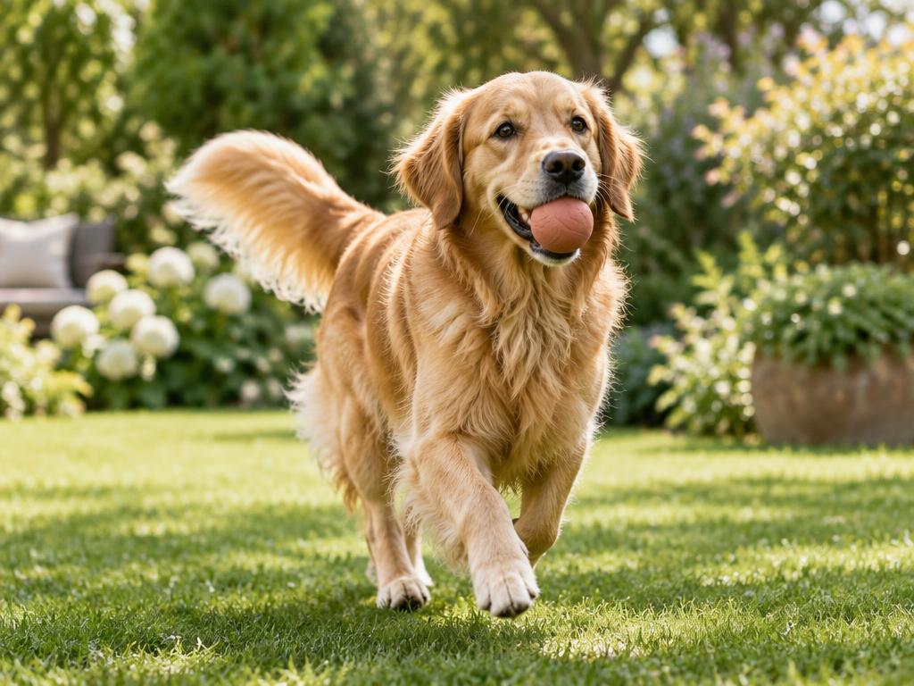 A joyful golden retriever playing with a ball in a sunlit garden