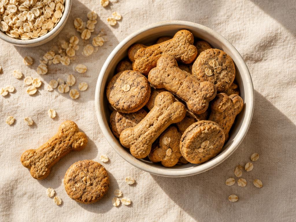 Homemade bone-shaped and round oat biscuits in a ceramic bowl